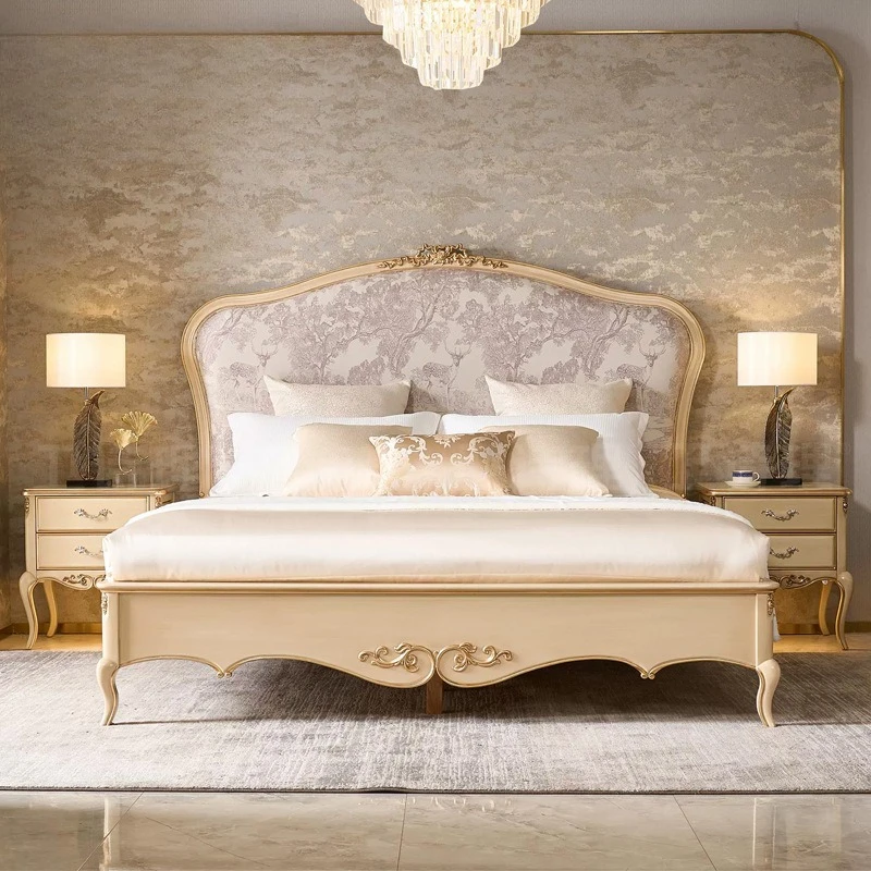 Retro French solid wood furniture European master bedroom fabric princess double bed furniture