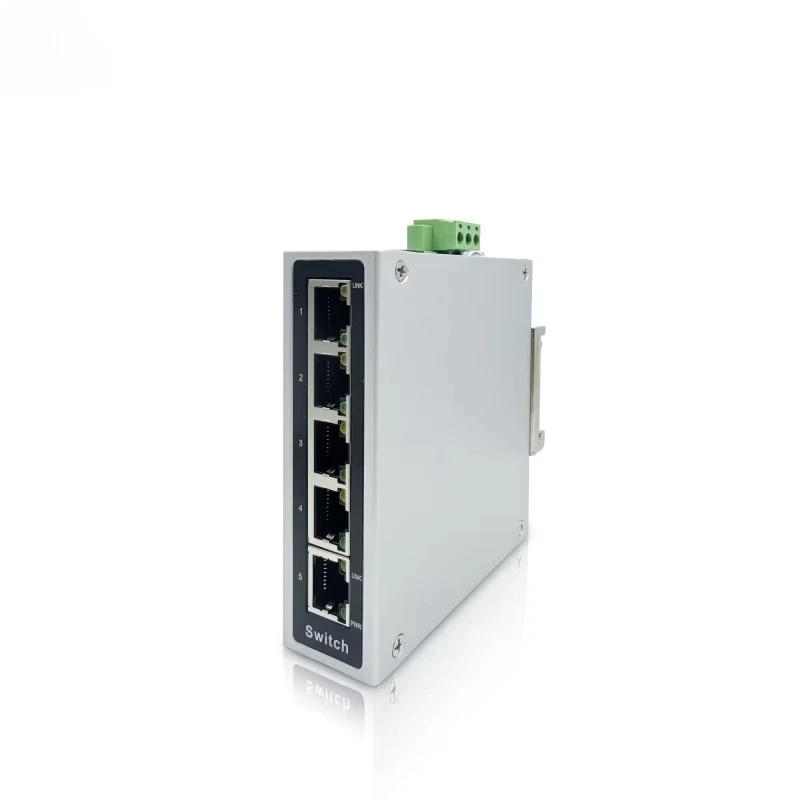 5 Ports Industrial Ethernet Switch with Aluminum Shell 100Mbps DC12-48V, 3P Industrial Terminal and DC Power Jack