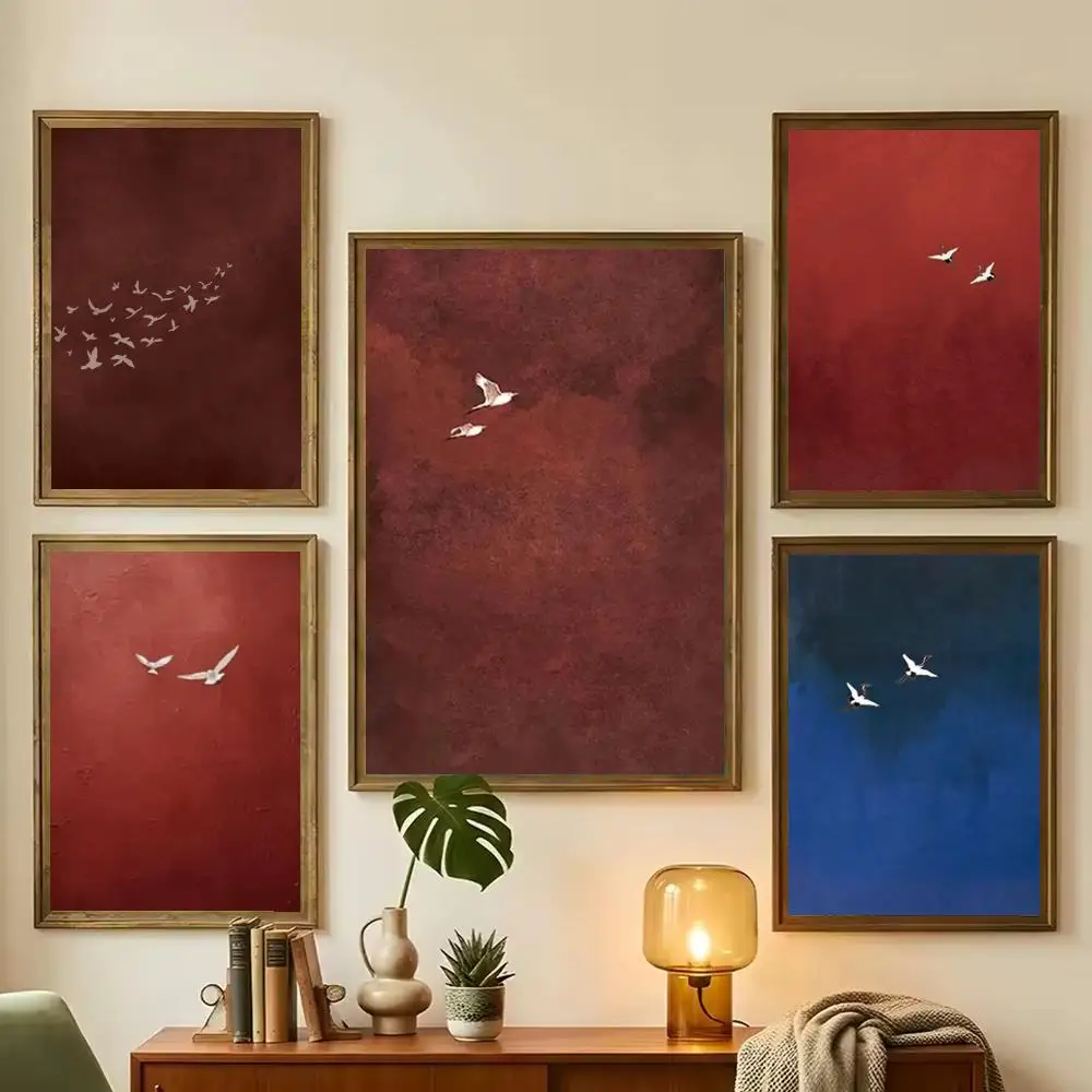 Crimson Sky Birds Poster Abstract Red Wall Art Minimalist Textured Painting Home Decor Poster HD
