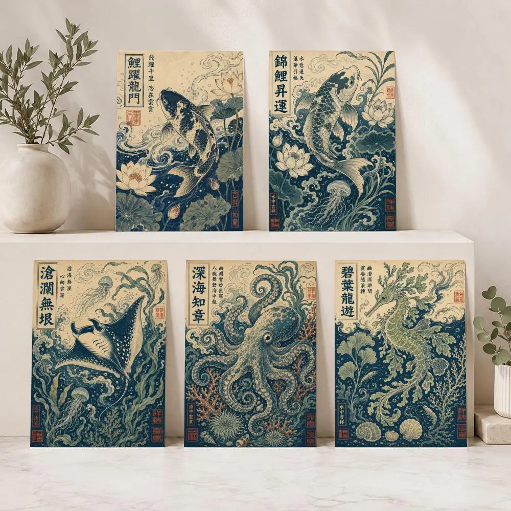 Japanese Ukiyo-e Ocean Art Painting Calligraphy Canvas Painting Art for Bedroom Living Room Home Decor Wall Decoration Decals