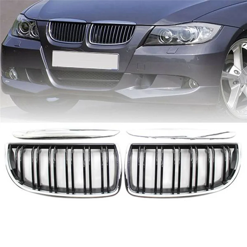 Car Chrome Double Line Front Hood Kidney Grill Mesh Sport Racing Grills for 3 Series E90 E91 2005-2008