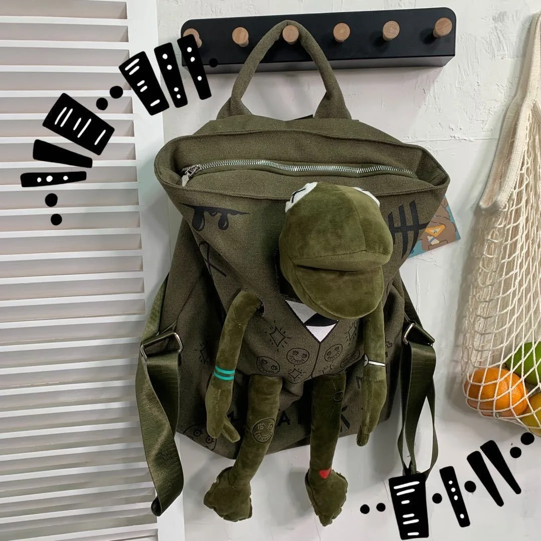 New Large Capacity 3D Frog Backpack Y2K Teen Girls Boys College Graffiti School Bag Fashion Canvas Handbag Casual Travel Bag