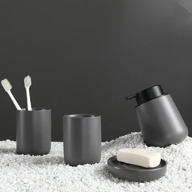 Black Ceramic Wash Set Northern Europe Home Four-piece Suit Bathroom Soap Dispenser Mouth Cup Tray Couple Wedding Gift