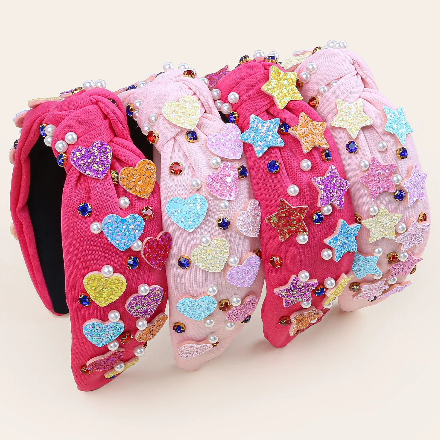 

1/2pcs Glitter Star Heart Diamond Pearl Knoted Wide Headbands For Girls Cute Daily Hair Hoop For Women Hair Accessories
