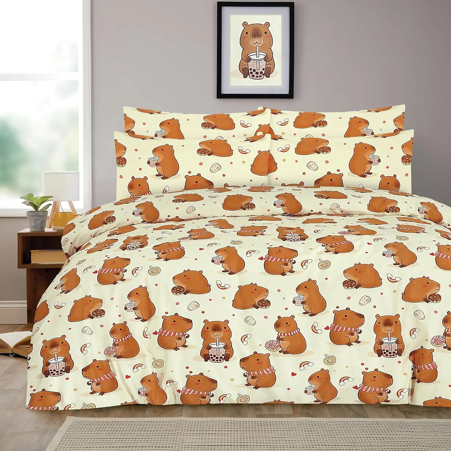 Cute Capybara Duvet Cover Set Reversible Kids Bedding Set with Pillowcases Cartoon Quilt Cover Girls Boys Grey Single Twin
