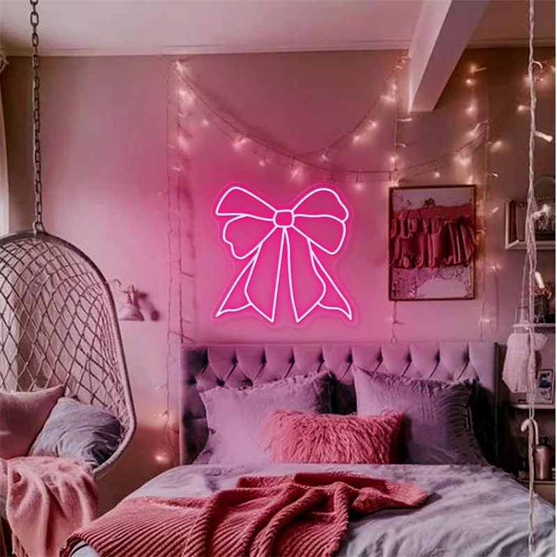 Pink Bow LED Neon Sign, Custom Bedroom Girl's Room Neon Light Sign Home Wall Dorm Beauty Room Salon Decor Party Bar Decoration