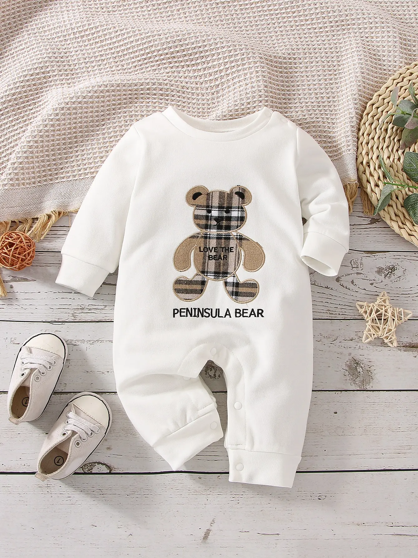 Autumn Newborn Baby Girls Comfortable Cute Casual Simple Boy Crewneck Long Sleeve Trousers Crawl Suit Bear Pattern Appliqu