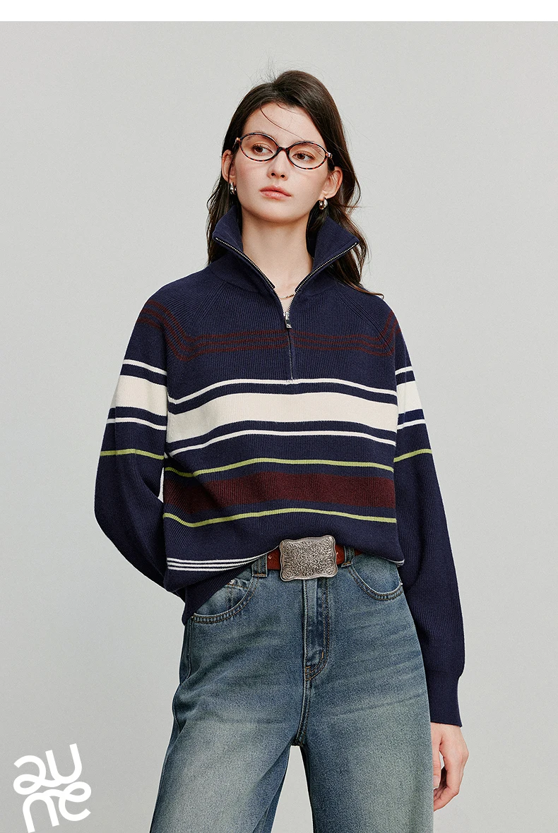 TOYOUTH Women Knitted Sweater 2026 Autumn New Fashionable Style Striped Zipper High Collar Woolen Pullover Sweater Tops