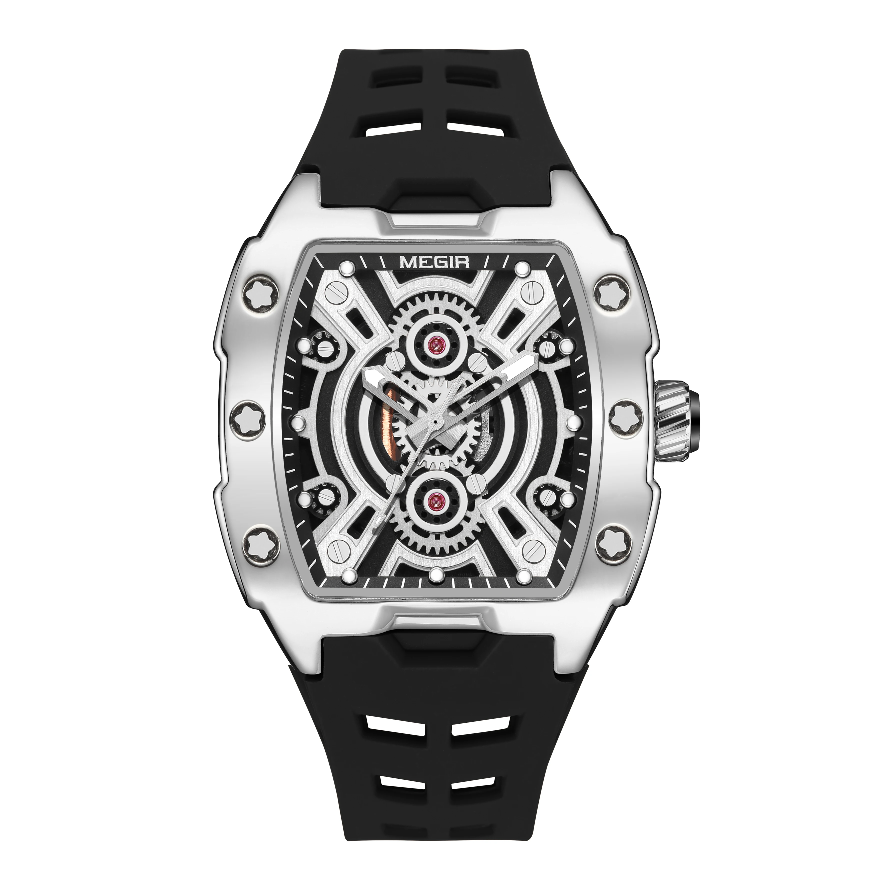 Fashionable Casual Men's Watch Luminous Function Silicone Strap Tonneau Shaped Stainless Steel Case Men Quartz Watch Reloj