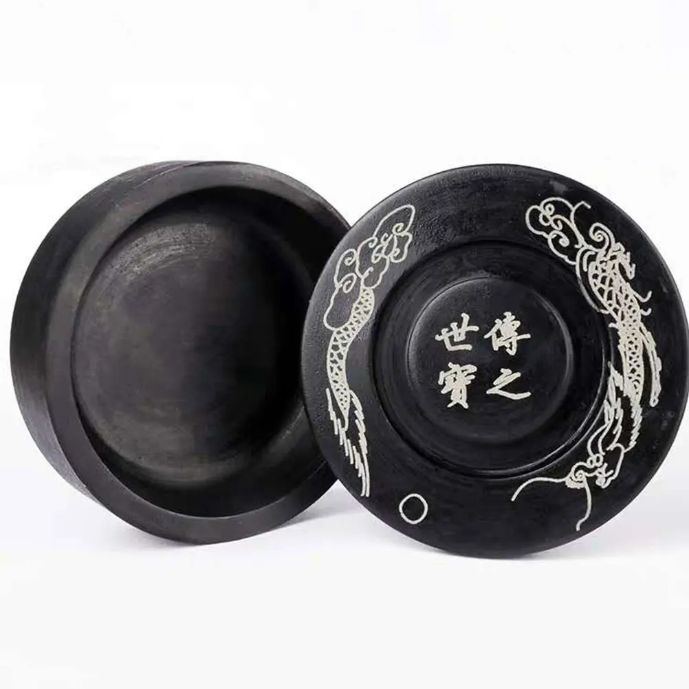 

1Pcs Inkstone with Lid Calligraphy Ink Grinding Stone Durable Round Painting Inkslab Traditional Writing Accessory Black