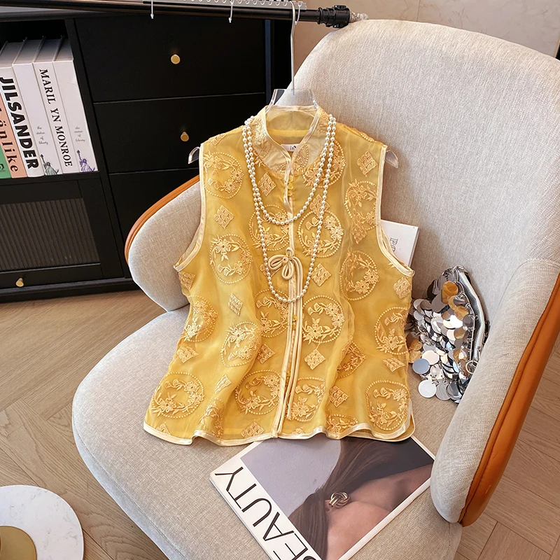 New Chinese Style Sleeveless Vest Women Summer Vintage Elegant Stand Collar Waistcoat Slim Fit Layering Outerwear Casual Chic