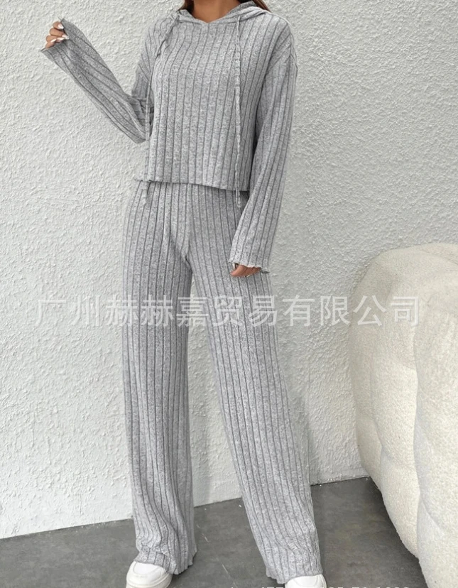 Two Piece Set Women Outfit 2023 Winter New Fashion Casual Elegant Solid Hooded Sweater Knitted Long Sleeve Loose Pants