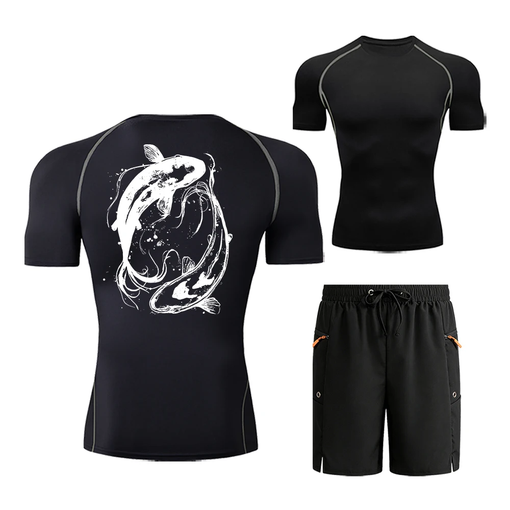 

Outdoor Men's Fitness Clothing Set "Yin Yang Koi Carp" Chinese character Graphic Print Compression Shirt & Loose Gym Shorts