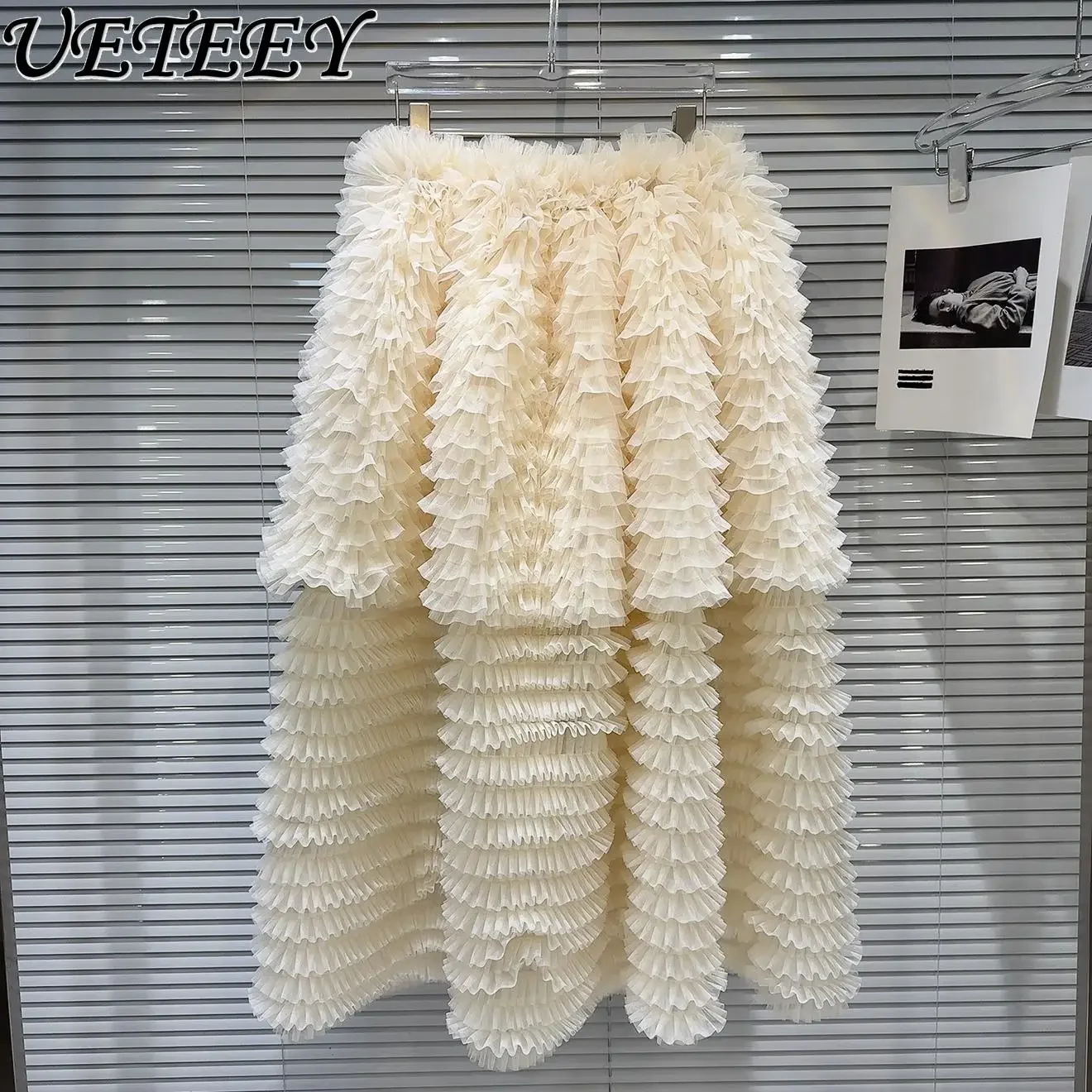 2025 Spring New Sweet Pleated Solid Mesh Skirt Women Japanese Niche Fashion Versatile Mid-length Puff Skirt Cake Skirts Female