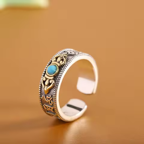 Buyee 925 Sterling Silver Fashion Ring Finger Natural Copper Turquois Open Ring for Women Ethnic Fine Jewelry Circle with Box