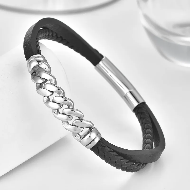 Black Leather Braided Bracelet Men Double Layer Stainless Steel Clasp Handmade Multi Layer Cowhide Wristband