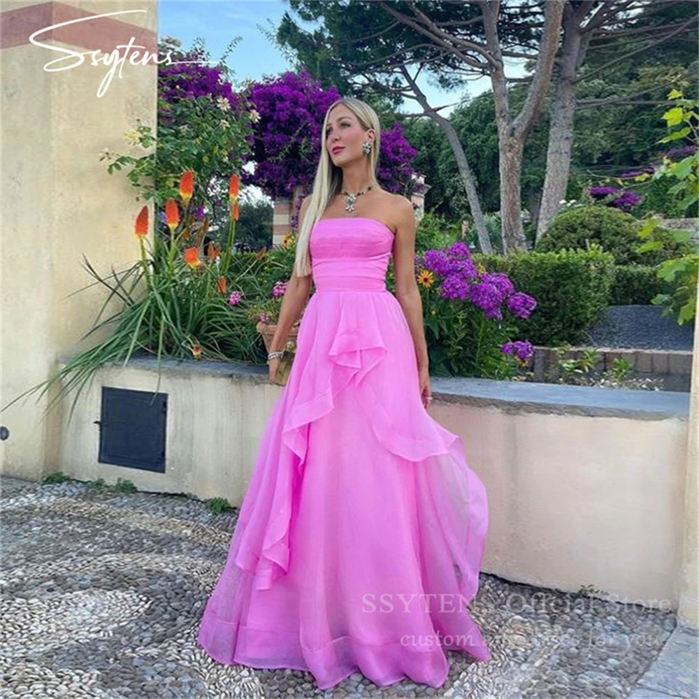 

SSYTENS Pink Silk Organza Long Evening Dresses Strapless Ruffles Floor Length Prom Dress Women Formal Wedding Guest Party Gowns