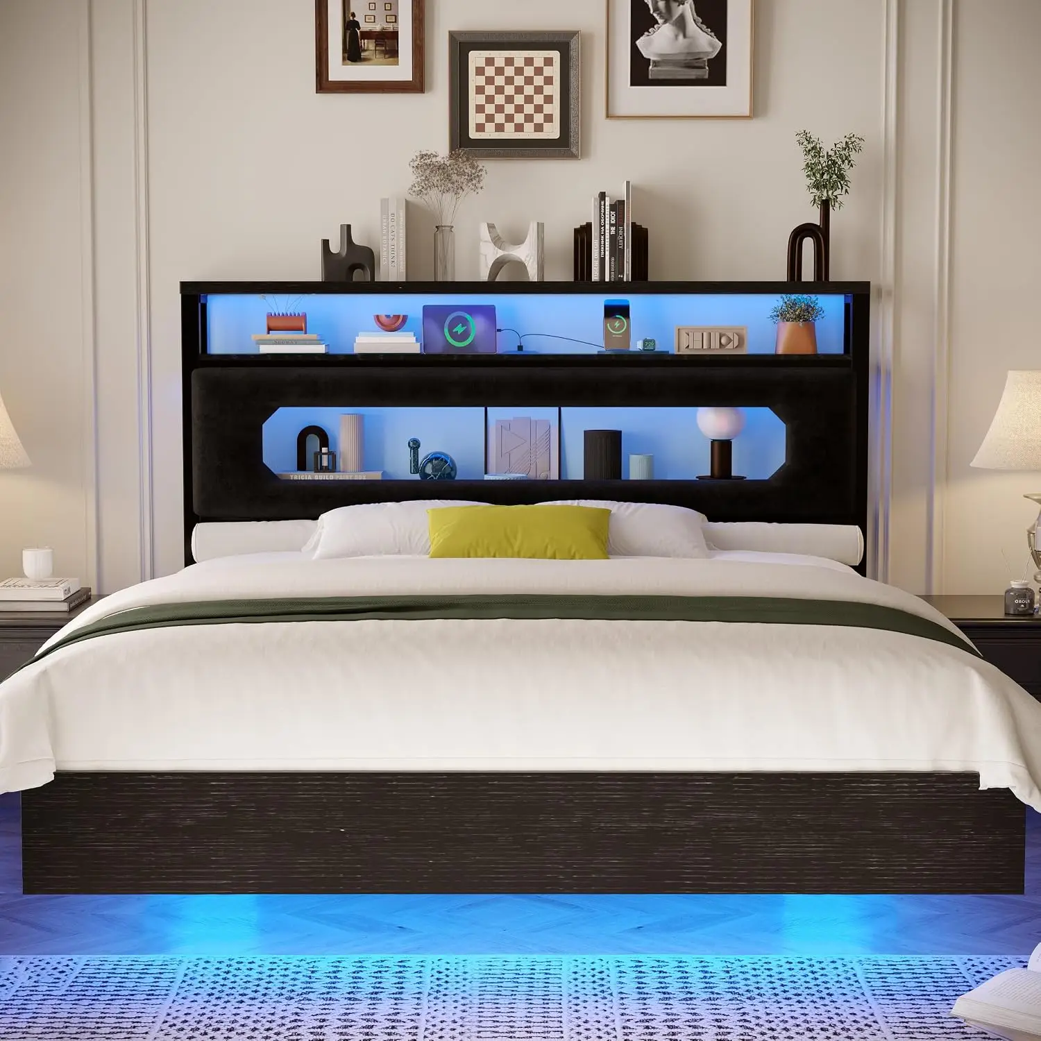 Floating Bed Frame Queen with Charged Storage Headboard & LED Light, Black, Customized