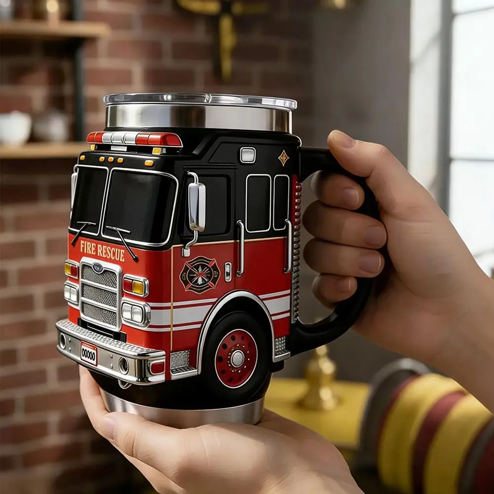 Fire Rescue 3D Fire Truck Mug Double Wall Stainless Steel Insulated Tumbler Vacuum Flask for Firefighters Station Work Gifts