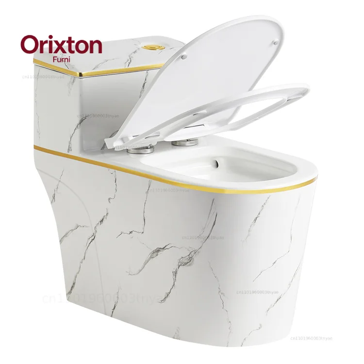 Bathroom Ceramic S-trap Wc Pan One Piece Toilet Mable Colored With Gold Line