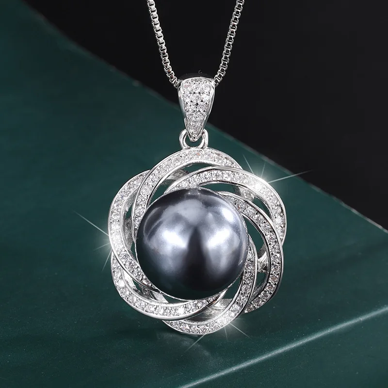 Jewelry Copper Plated Real Gold Inlaid Aobei Mother Pearl Lace Style Temperament Diamond Pendant Necklace 14mm