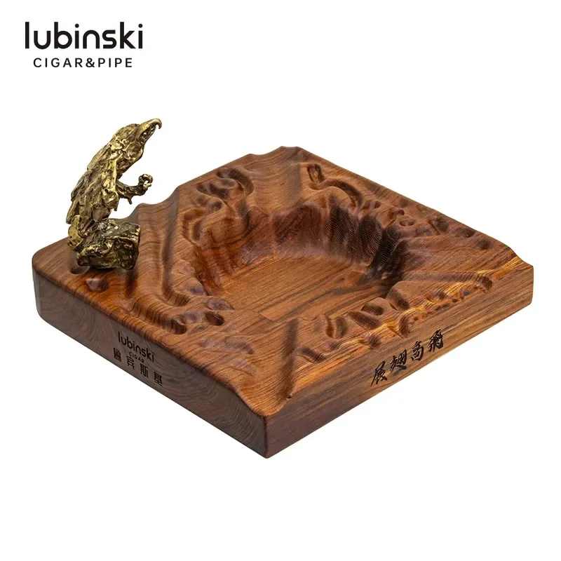 Handcrafted African Sandalwood Cigar Ashtray Square Brass Sculpture Three Slot Portable Holder Premium Luxury Tabletop