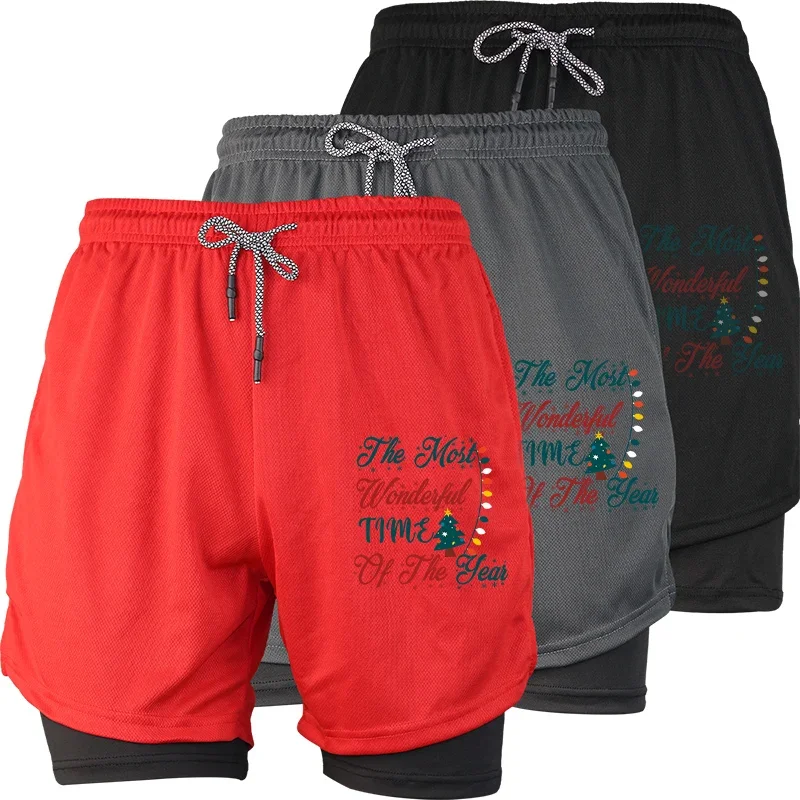 

Летние мужские шорты для тренировок 2 в 1, спортивные шорты для спортзала с принтом и карманом для телефона, быстросохнущие, дышащие