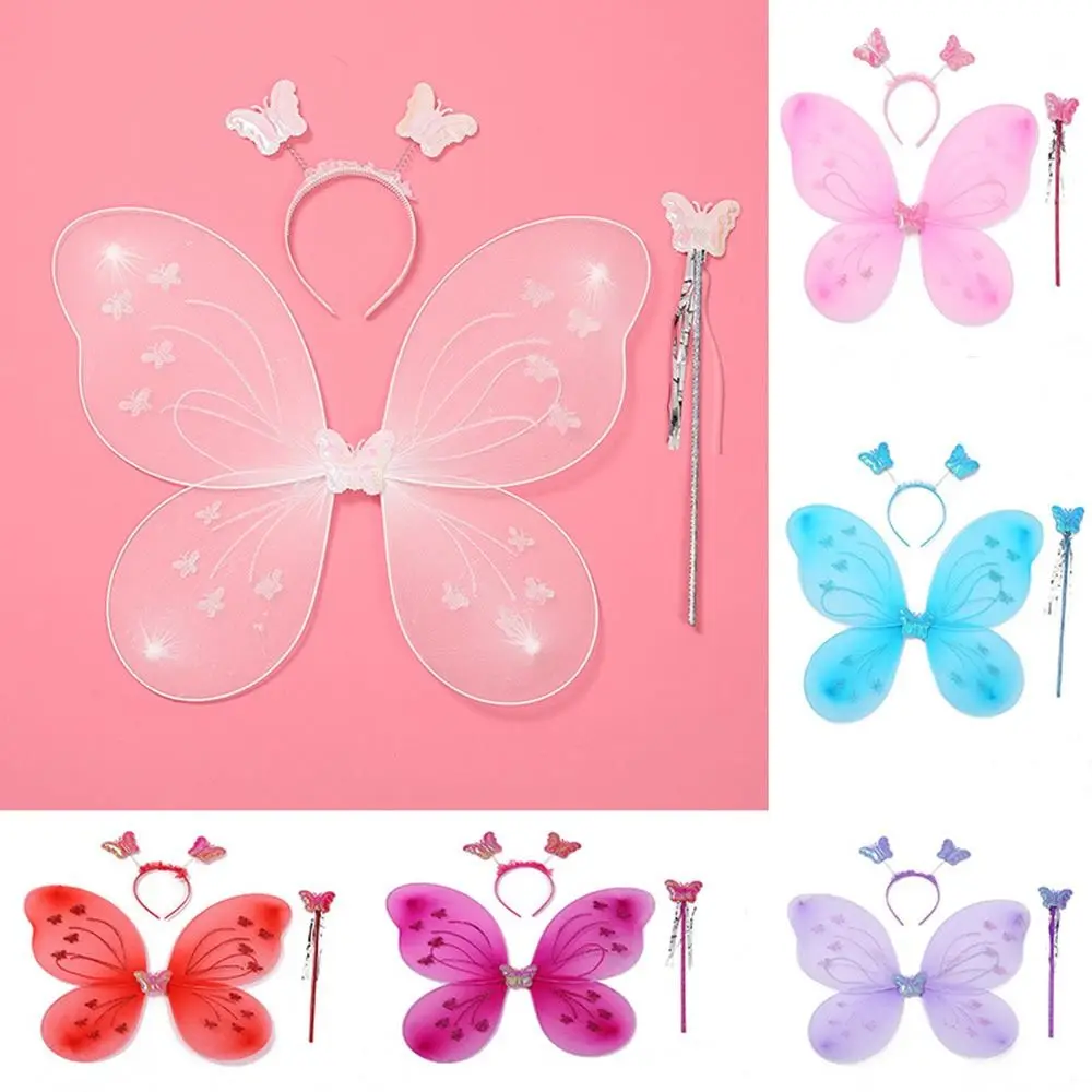 3Pcs/Set Costume Kids Butterfly Headband Wings Dressing Up Party Props Princess Costume Sets with Fairy Wand Glitter Butterfly