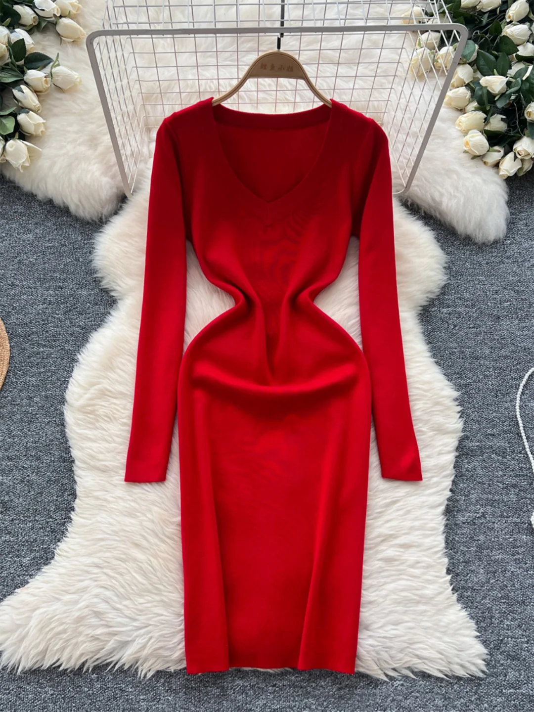 Croysier Abito maglione Donna Manica lunga Scollo a V Abito in maglia solida Spacco laterale Abiti aderenti da festa sexy Abiti invernali donna 2024