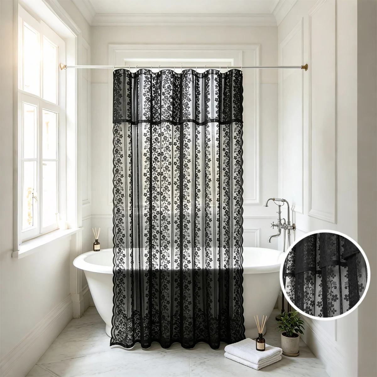 Elegant Floral Lace Shower Curtain Black White Sheer Embroidered Bathroom Curtain with Ruffle Valance Romantic Vintage Bathroom