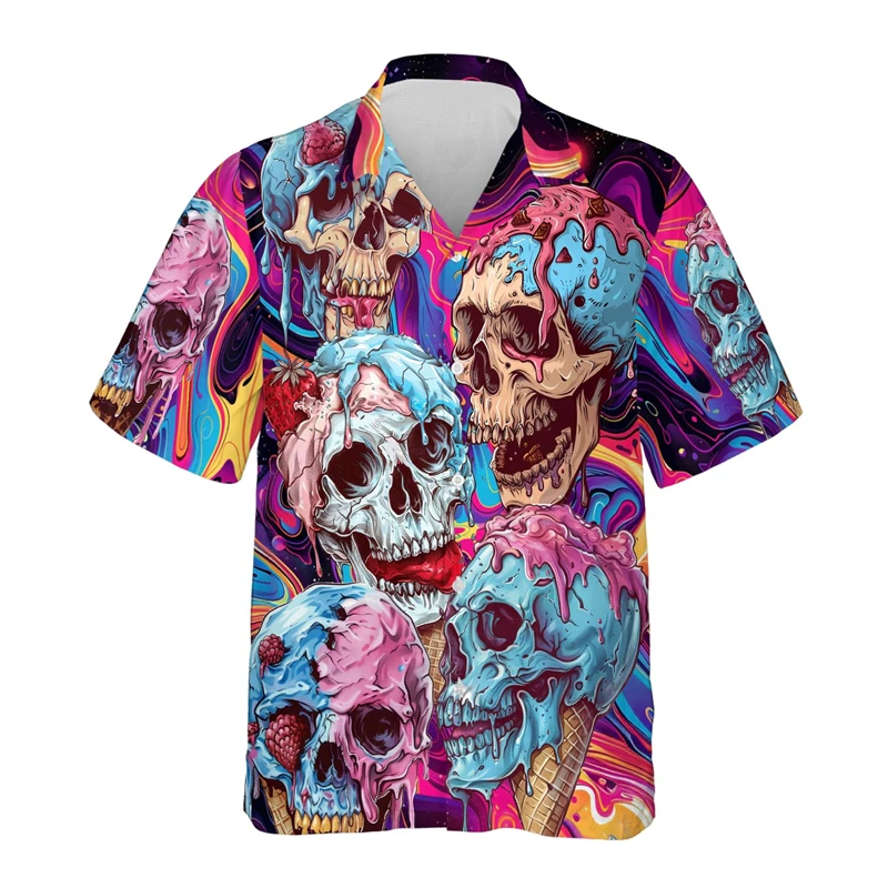 Abstract Ice Cream Beach Shirt Cartoon Popsicle Shirts For Men Clothes Casual Hawaiian Unisex Lapel Blouse Female Short Sleeve