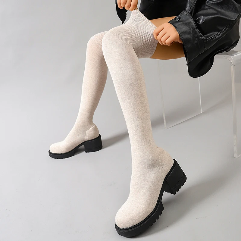 

Модные сапоги выше колена на массивном каблуке, женские большие размеры 35–42, эластичные вязаные носки, женские нескользящие высокие каблуки, длинные боты