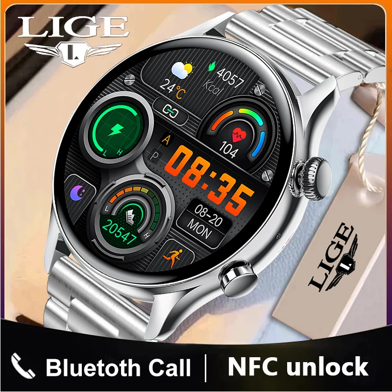 LIGE Bluetooth Call Smart Watch Men Amoled Screen NFC Access AI Voice Heart Rate Health Monitor watch Fitness Tracker Smartwatch