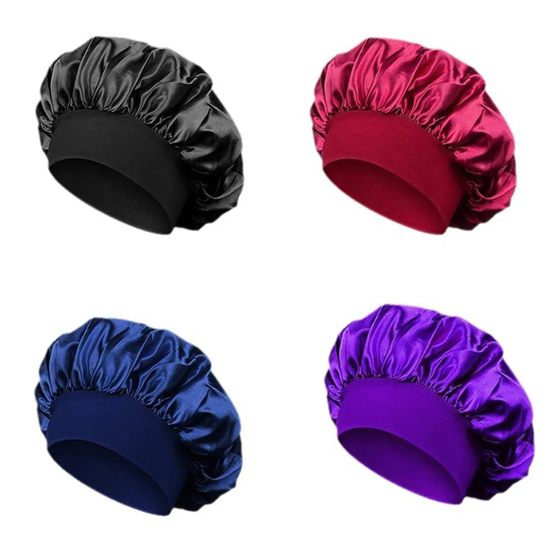 3 Stück Breitrandige Elastische Damen-Schlafmütze aus Satin, Nachtmütze, Haarschutz, Duschhaube für Bad und Sauna – Detail 10