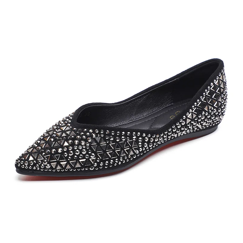 Sapatos de toe quadrado de strass para mulheres, apartamentos pretos, confortáveis e elegantes, cristal, boca rasa, vestido, vestido de verão, outono