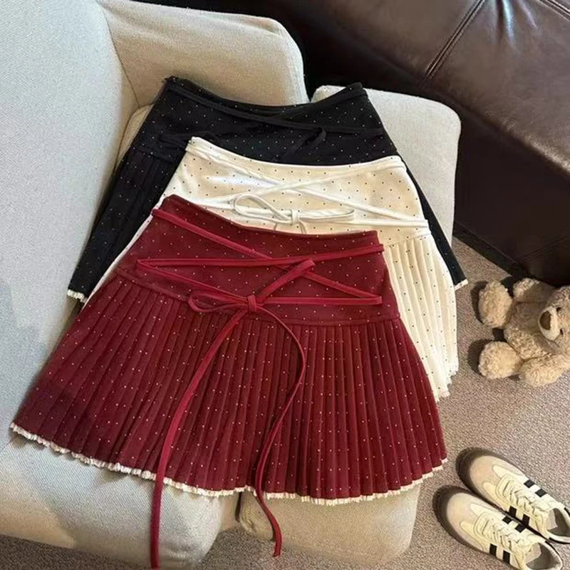Faux Wool Polka Dot Pleated Skirt Women Spring High Waist Cross Straps Preppy Mini Skirt Y2K Sweet Folds All Match A Line Skirt