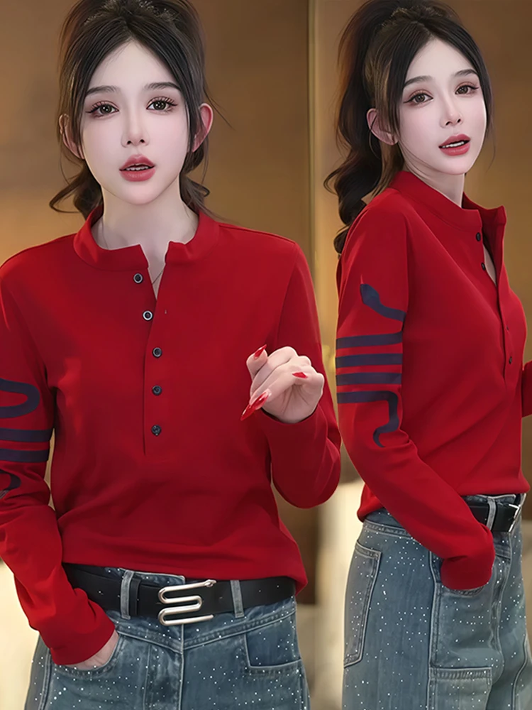 Snakes Year Print Long Sleeve Base Shirt T-shirt Women's Spring Autumn New Fashion Casual High-End Feeling Inner Wear Top