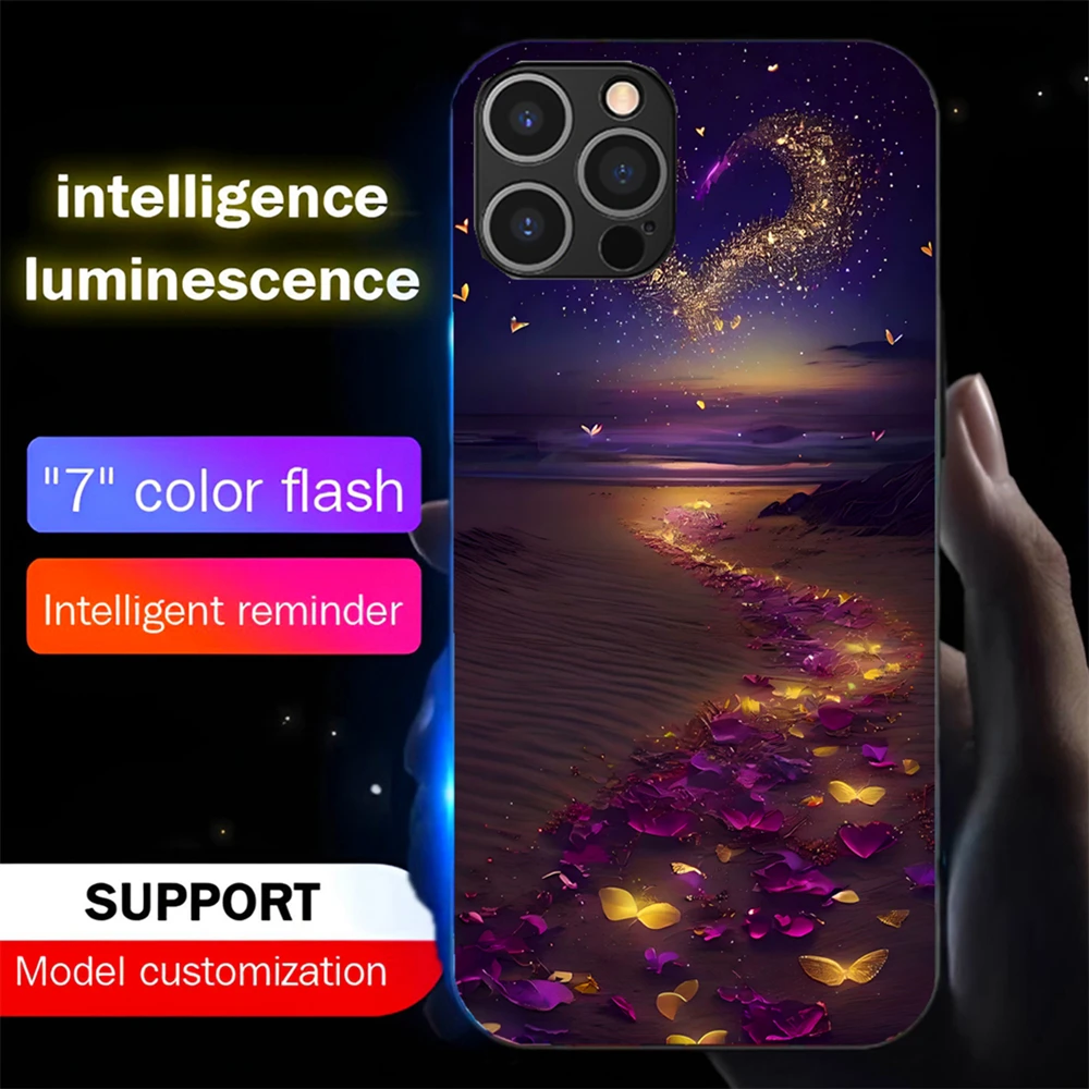 Flower Heart Beach Luminous Phone Case LED Light Glass Shockproof Cover For Samsung S24 S23 S22 S21 S20 FE Note 10 20 Plus Ultra