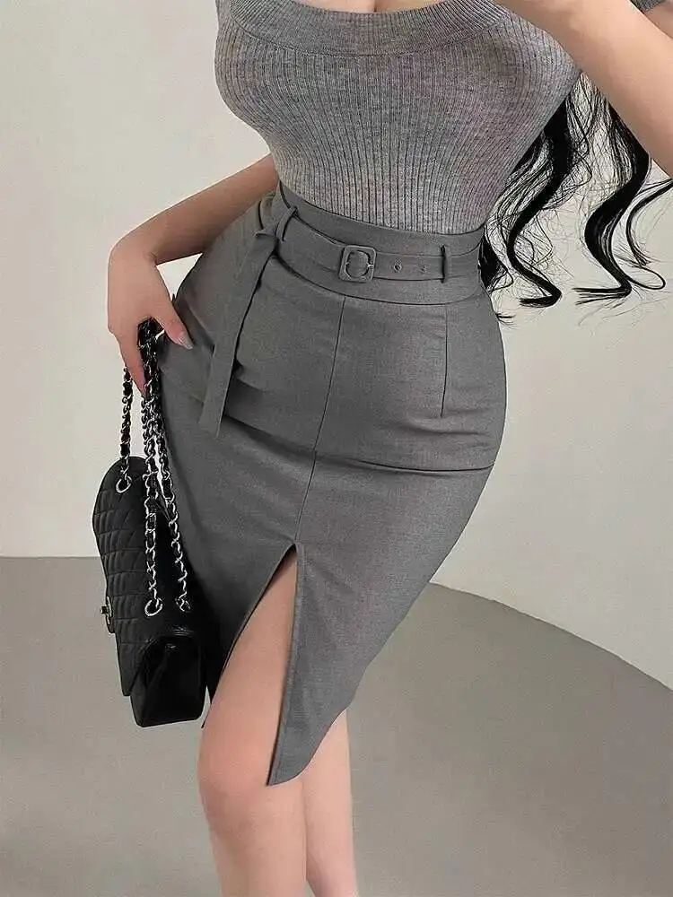 Korean Style Pure Desire Sexy OL High Waist Slimming Slit Mid Length Skirt Waist Belt Included Mini Skirts Korean Women UXI8