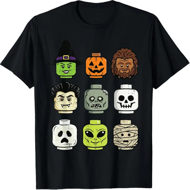 Men Halloween Building Block Monster Heads T-shirt Witch Pumpkin Vampire Mummy Print Short Sleeve Casual Cotton Tee Tops