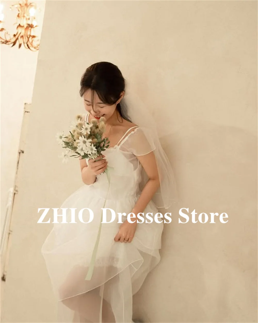 ZHIO Schlichtes elfenbeinfarbenes Brautkleid mit Trägern, Flügelärmeln, A-Linie, bodenlang, Schichtung, Brautkleid, Korea, Fotoshooting, maßgeschneidert,  soi