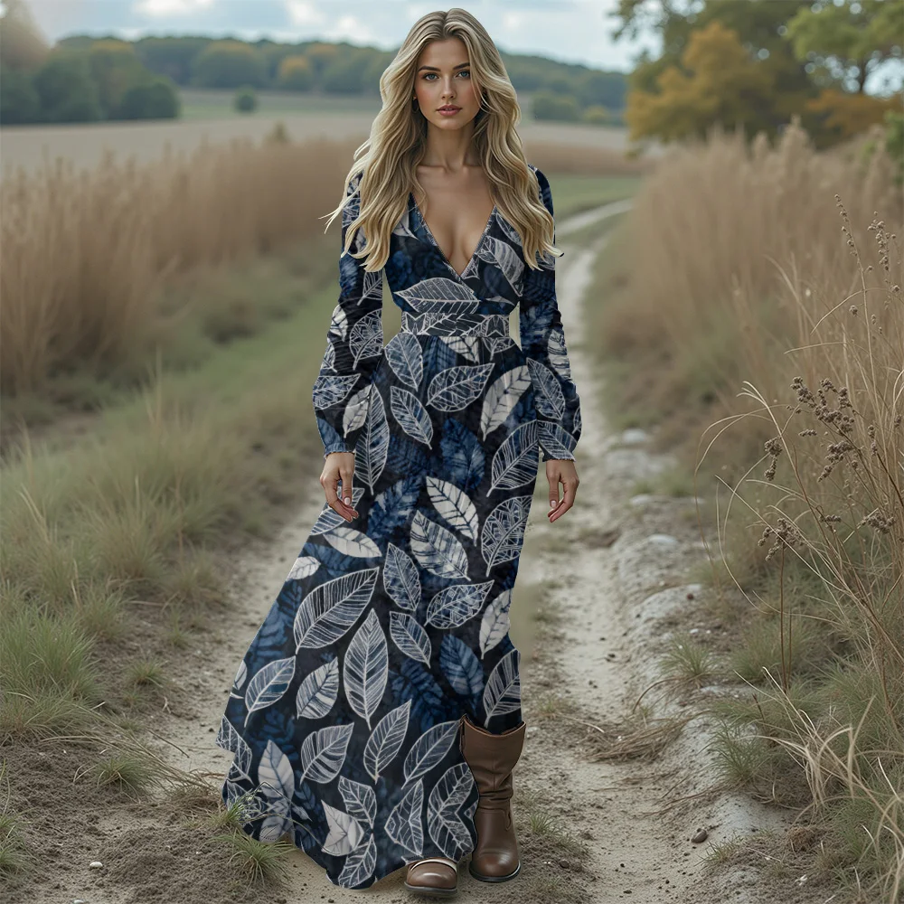 فستان ماكسي بوهو استوائي للنساء مثير بفتحة رقبة شكل v عميقة فستان شيفون منفوش لقضاء العطلات والمهرجانات الخريفية وحفلات الشاطئ ثوب طويل