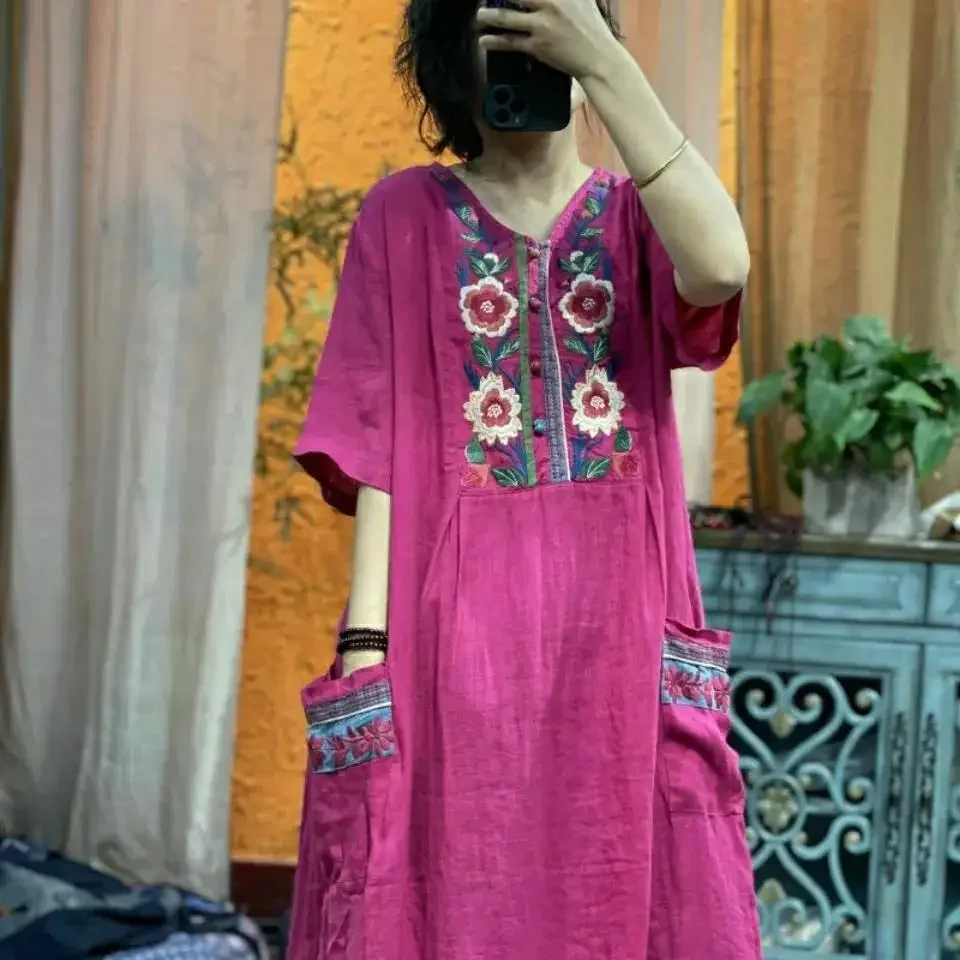 

2025 Chinese National Style Linen Embroidery V-neck Button Up Skirt Loose Vintage Dress Women Loose Dress Cheongsam Dress Pd