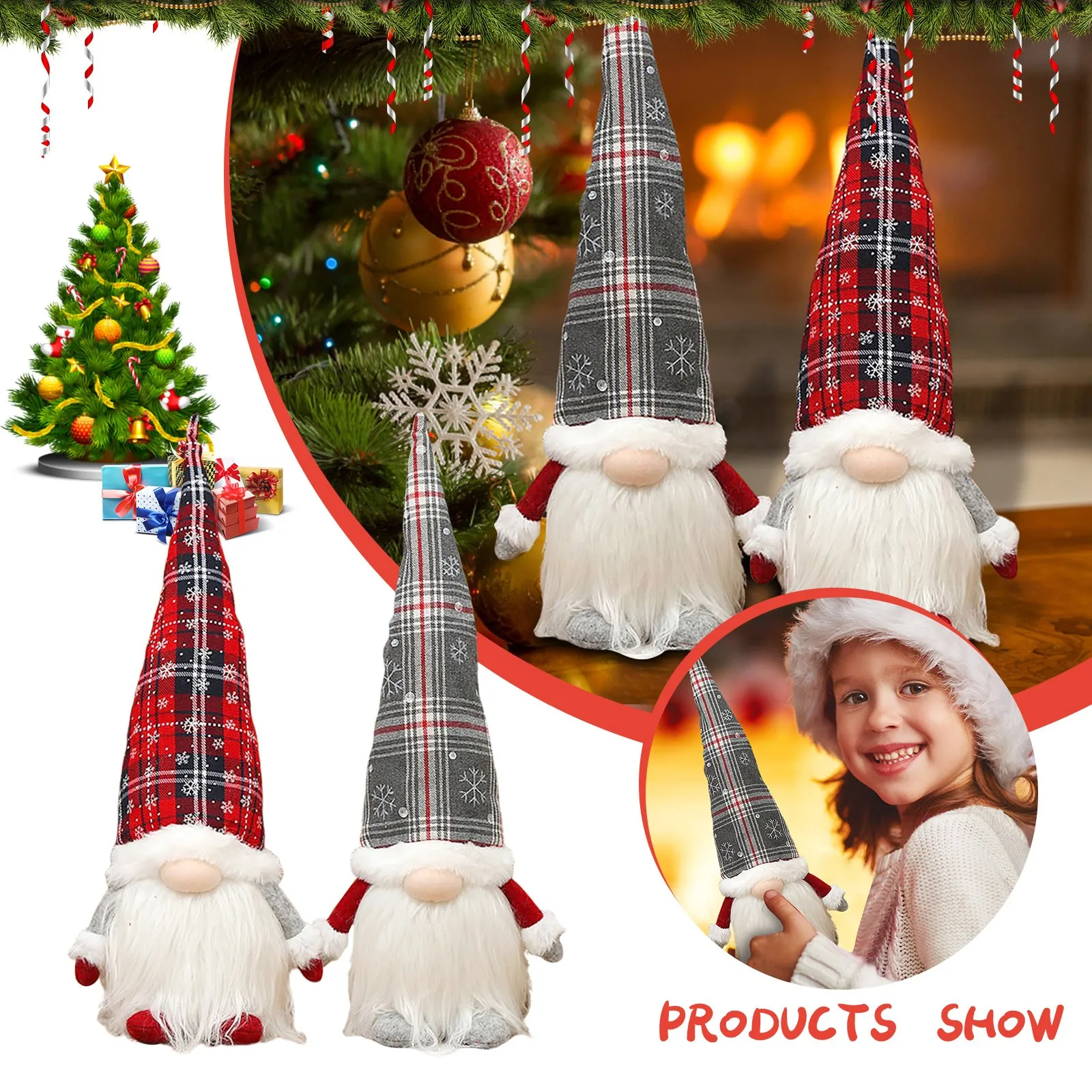 Plaid Hat Gnome Doll Decoration Christmas Decor Soft Long Beard Faceless Santa Toy Holiday Gift Figure Home Ornament For Xmas T1