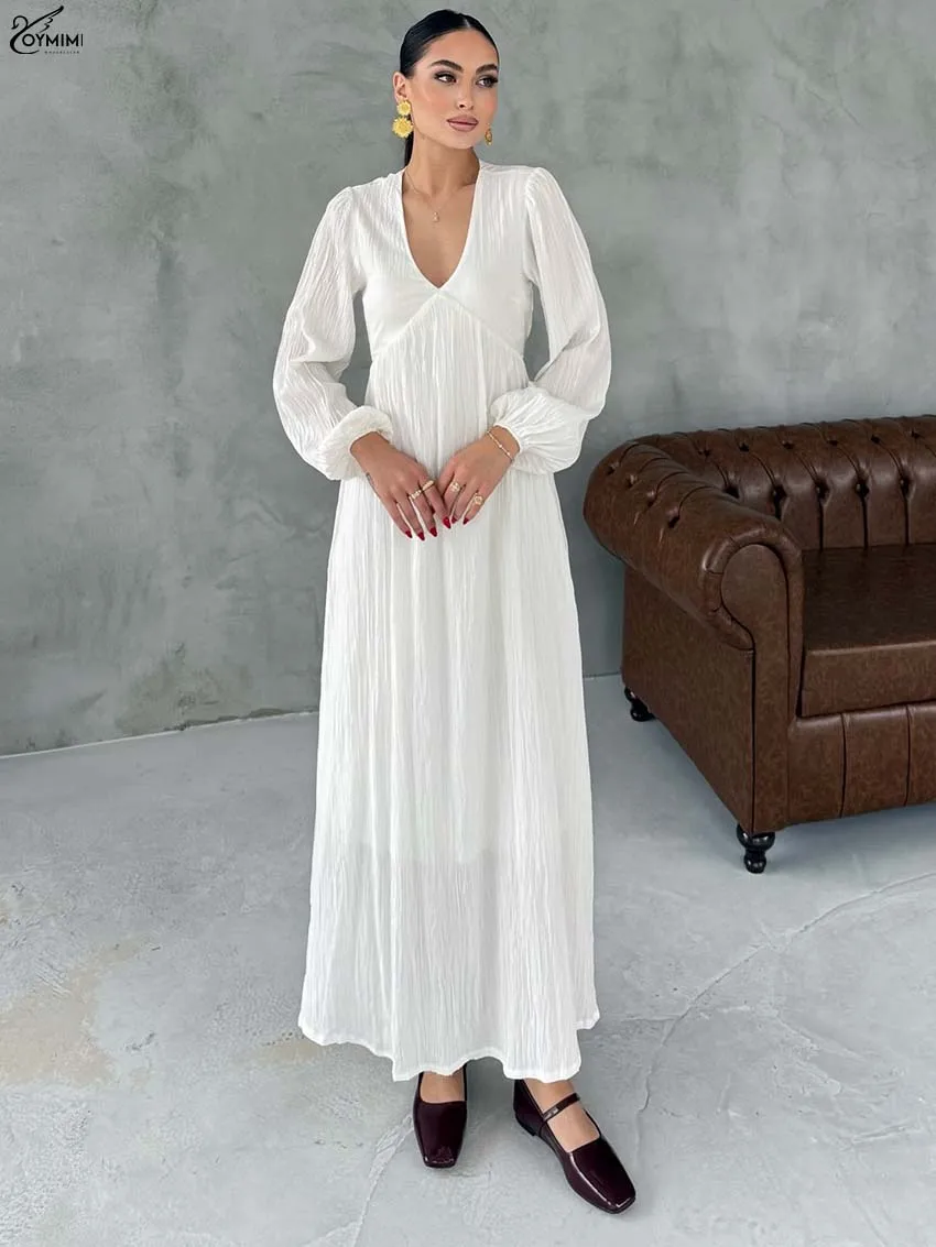 

Oymimi Elegant White V-Neck Dresses 2025 Woman Autumn Long Sleeve High Waisted Loose Dresses Fashion Pleated Ankle-Length Dress
