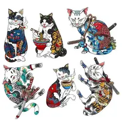 Japanese Cartoon Samurai Cat Heat Transfer Vinyl Patch DIY Woman T-shirt Custom Patch Sticker On Clothes Decoration