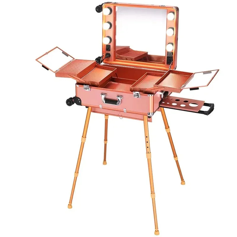 Wholesale Makeup Artist Dressing Table Box with Lamp Mirror Portable Cosmetic Storage Foldable Tripod Bracket for Beauty