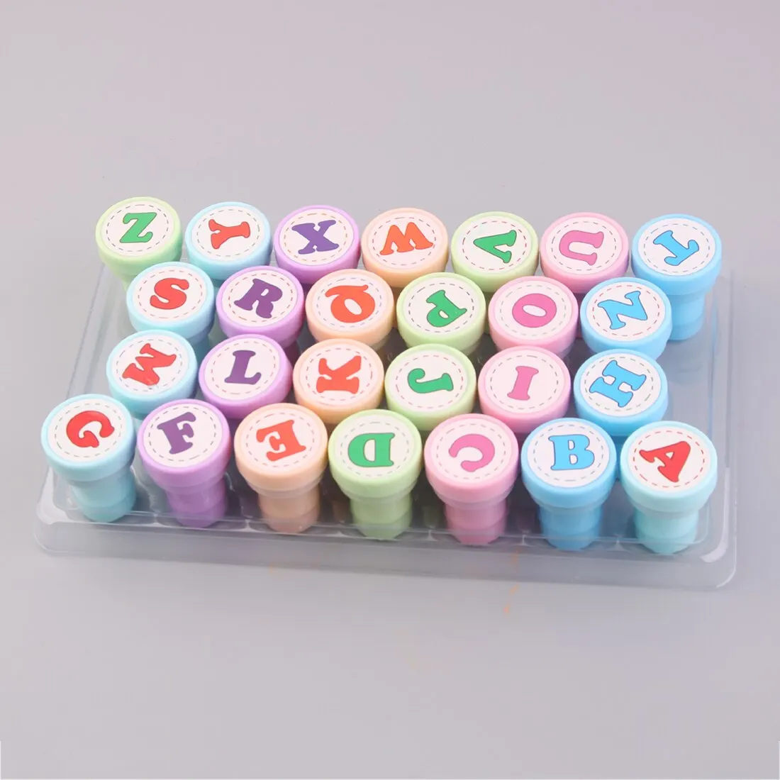 MOTARRO 26 Pcs Alphabets Letters Round Stamp Seal Self Inking Plastic Alphabet Stamps Decoration for Children Gifts Toys