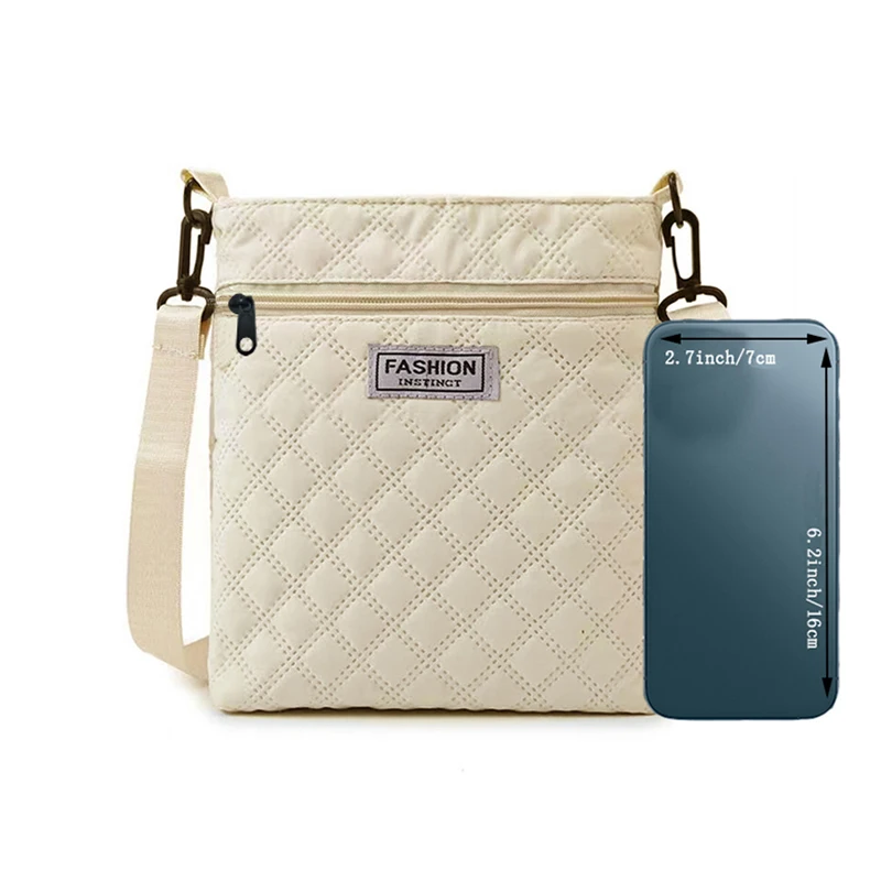 Damen-Umhängetasche in Beige mit Rautenmuster, Gepolsterte Schultertasche, Leichte Casual-Handtasche mit Verstellbarem Trageriemen – Detail 3