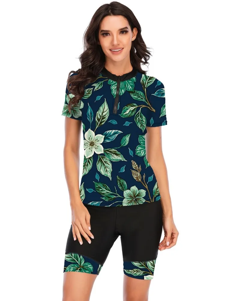 

2025 спортивный купальник для серфинга с короткими рукавами, женский купальник из двух предметов, купальник с принтом, монокини, купальный костюм, тропическое боди, женский